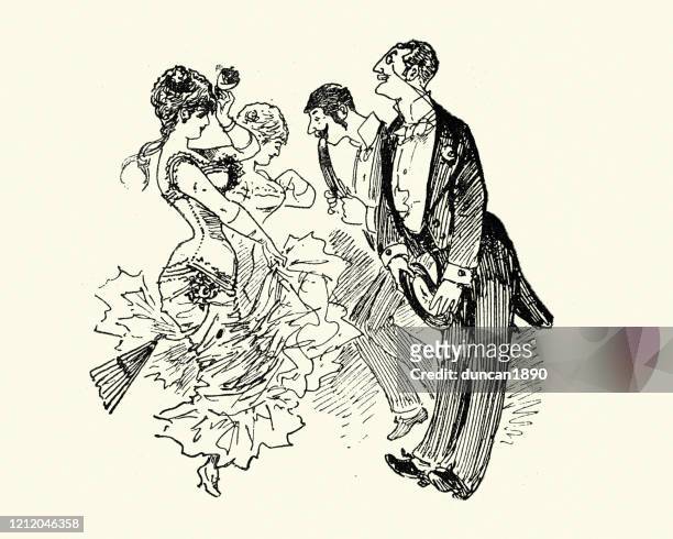 young victorian couples dancing and flirting, 1880s, german - line dancing stock illustrations