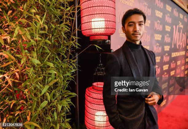 Yoson An attends the European Premiere of Disney's "MULAN" at Odeon Luxe Leicester Square on March 12, 2020 in London, England.