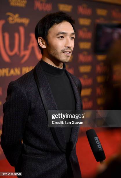 Yoson An attends the European Premiere of Disney's "MULAN" at Odeon Luxe Leicester Square on March 12, 2020 in London, England.