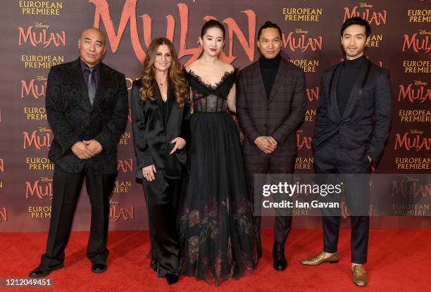 Ron Yuan, Niki Caro, Yifei Liu, Jason Scott Lee and Yoson An attend the European Premiere of Disney's "MULAN" at Odeon Luxe Leicester Square on March...