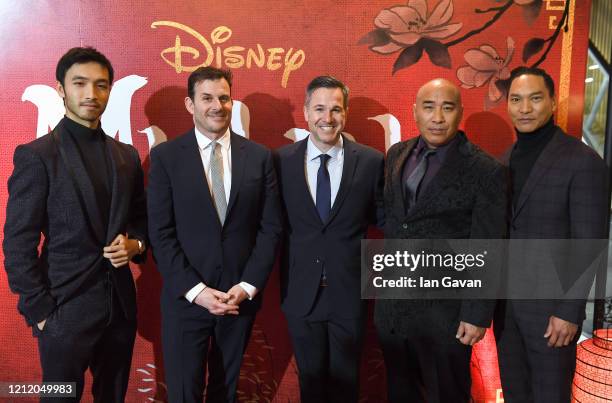 Yoson An, Chris Bender, Jake Weiner, Ron Yuan and Jason Scott Lee attend the European Premiere of Disney's "MULAN" at Odeon Luxe Leicester Square on...