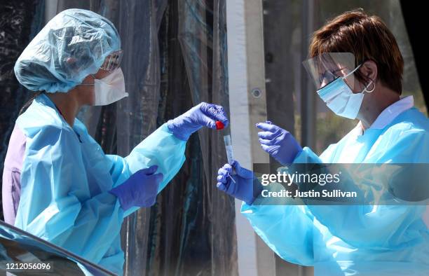 Medical personnel secure a sample from a person at a drive-thru Coronavirus COVID-19 testing station at a Kaiser Permanente facility on March 12,...