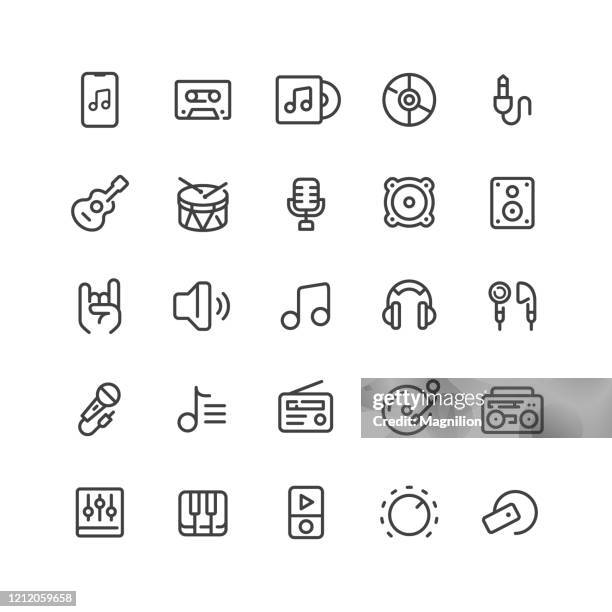 audio- und musiklinien-icons-set - in ear headphones stock-grafiken, -clipart, -cartoons und -symbole