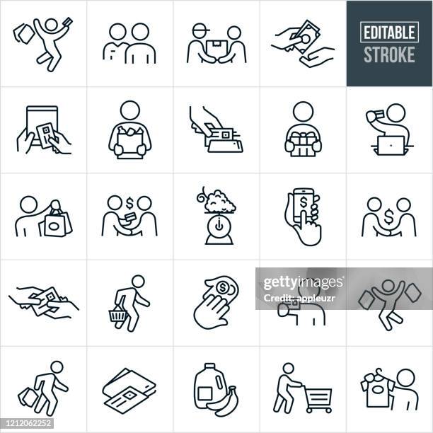 einkaufsdünnstrich-symbole - bearbeitbarer strich - basket icon stock-grafiken, -clipart, -cartoons und -symbole