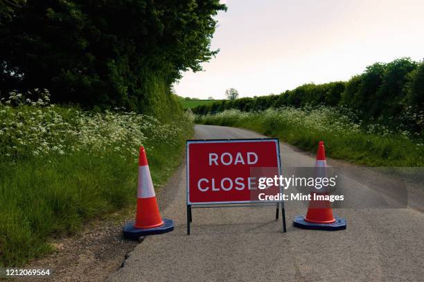 road closed sign with two traffic cones on a rural road in summer - road closed stock pictures, royalty-free photos & images