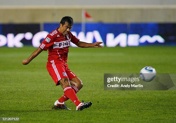 Pavel Pardo of the Chicago Fire plays the ball against the New York Red Bulls during the game at Red Bull Arena on August 13, 2011 in Harrison, New...