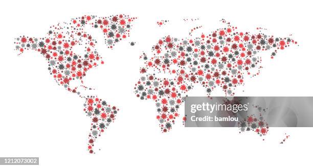 world map made of coronavirus icons - covid 19 illustration stock illustrations