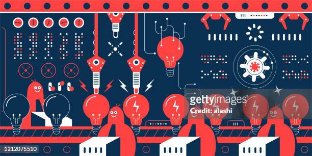 group of engineers (computer programmer, data scientist) work in a factory with production line that shows a row of great idea light bulbs - inventor vector stock illustrations
