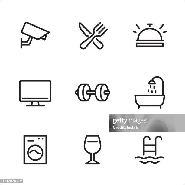 hotel - single line icons - surveillance camera stock-grafiken, -clipart, -cartoons und -symbole