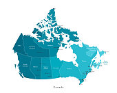 Vector modern illustration. Simplified isolated administrative map of Canada in blue colors. White background and outline. Names of the cities (Ottawa, Toronto and etc.) and provinces.
