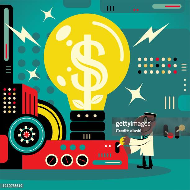 african-american ethnicity engineers (computer programmer, data scientist, financial advisor) work in a factory that shows a big great idea light bulb with dollar sign - inventor vector stock illustrations