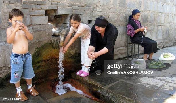 Picture taken in Bolnissi region, about 56 kms south from Tbilissi, 27 June 2004 shows a georgian boy as he drinks water from nature spring while a...