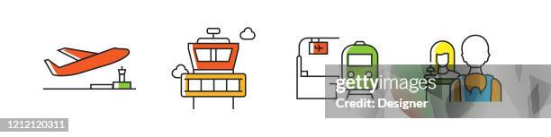 airport elements related vector flat line icons. outline symbol collection. - control tower stock illustrations