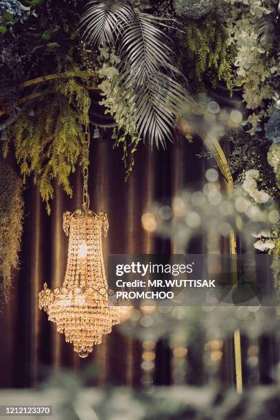 the chandelier in the banquet hall. - crystal chandelier stock pictures, royalty-free photos & images