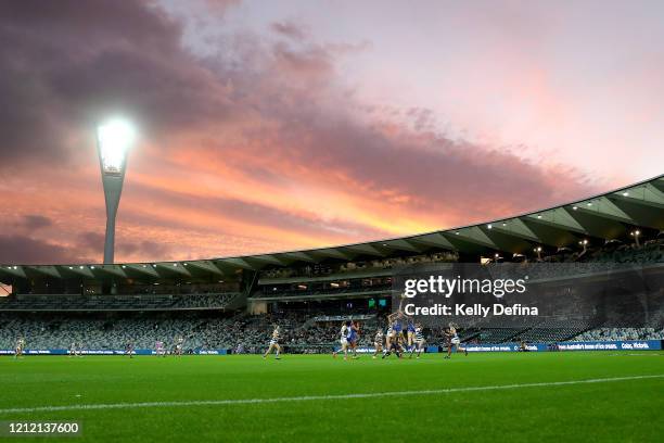 General view of play during the round six AFLW match between the Geelong Cats and the North Melbourne Kangaroos at GMHBA Stadium on March 13, 2020 in...