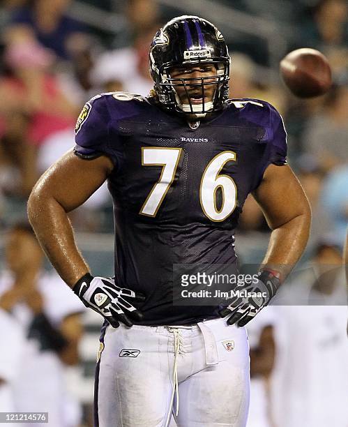 Jah Reid of the Baltimore Ravens in action against the Philadelphia Eagles during their pre season game on August 11, 2011 at Lincoln Financial Field...