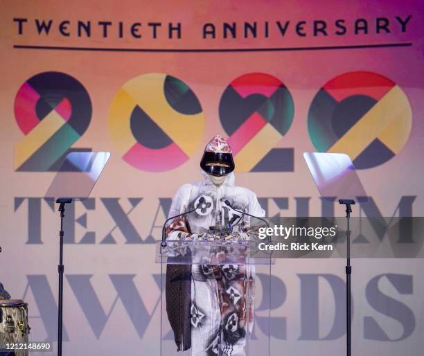 Honoree Erykah Badu accepts an award at the Austin Film Society's Texas Film Awards 20th Anniversary at Austin Studios on March 12, 2020 in Austin,...