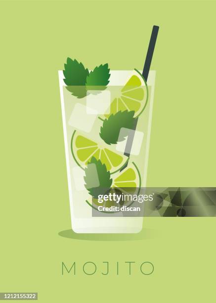 ilustraciones, imágenes clip art, dibujos animados e iconos de stock de cóctel mojito sobre fondo verde. - planta de vaso