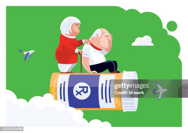 senior couple flying with pill bottle - fat female cartoon characters stock illustrations