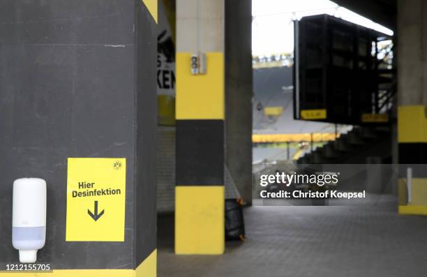 General view inside of the Signal Iduna Park with desinfection on March 13, 2020 in Various Cities, Germany. The German football league DFL announced...