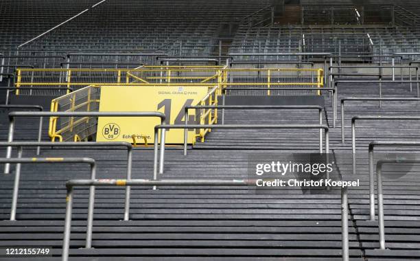 General view inside of the Signal Iduna Park on March 13, 2020 in Various Cities, Germany. The German football league DFL announced today that the...