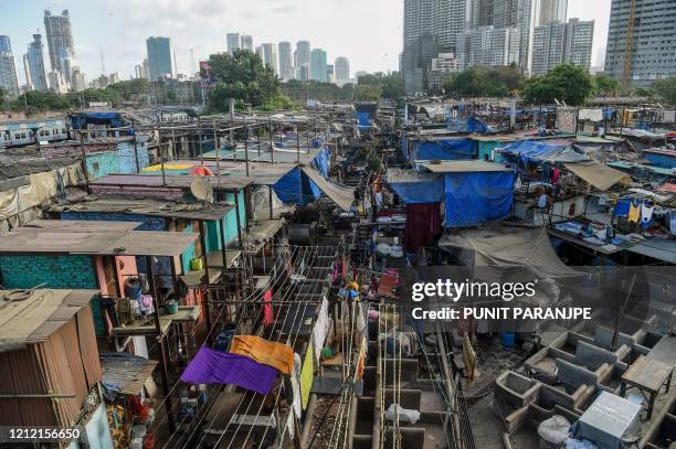 General view shows the Dhobi Ghat, an open air laundry facility where labourers clean clothes and linens, in Mumbai on May 8, 2020.