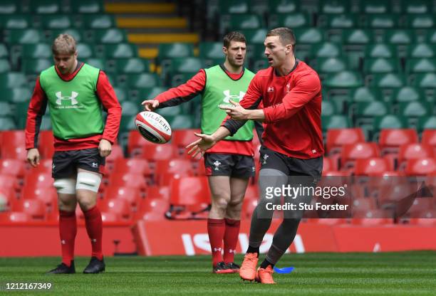Wales player George North in action during the Wales Captains Run ahead of the Six Nations match against Scotland at Principality Stadium on March...