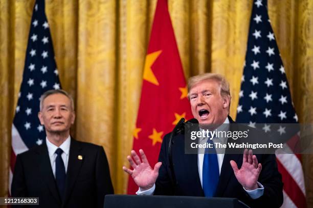 President Donald J. Trump speaks before signing a trade agreement with Chinese Vice Premier of the People's Republic of China, Liu He in the East...