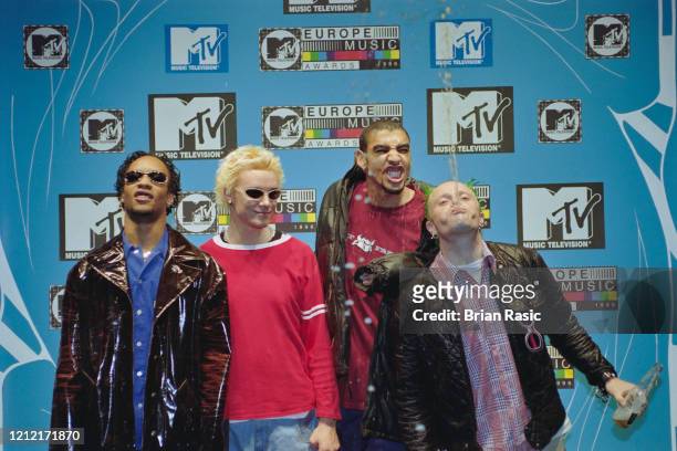 English electronic group The Prodigy posed at the 1996 MTV Europe Music Awards at Alexandra Palace in London on 14th November 1996. Members of the...