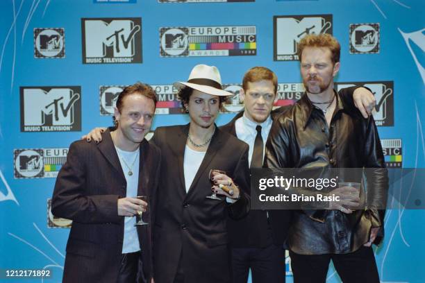 American heavy rock band Metallica posed at the 1996 MTV Europe Music Awards at Alexandra Palace in London on 14th November 1996. Members of the...