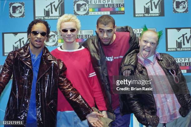 English electronic group The Prodigy posed at the 1996 MTV Europe Music Awards at Alexandra Palace in London on 14th November 1996. Members of the...