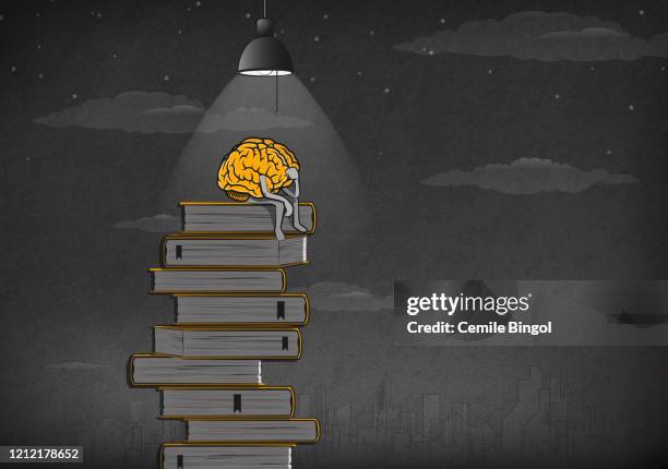 thinking brain and books - science nerd stock illustrations