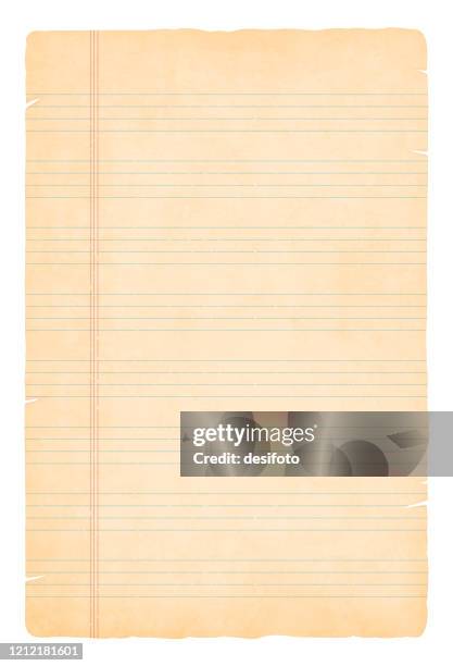 a vertical vector illustration of an old yellowed blank beige coloured page from a notepad, ripped from edges with a pattern of four lines - lined note pad stock illustrations