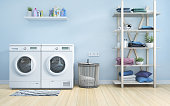 Laundry room with blue wall,basket,flowers and shelving. 3d illustration