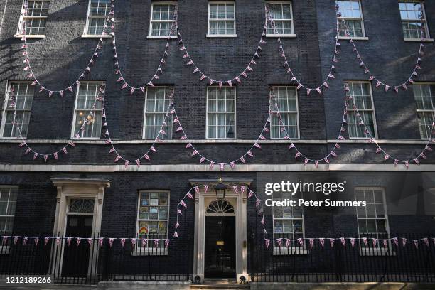 Union Jack bunting is seen adorning number 10 Downing Street for VE Day celebrations on May 8, 2020 in London, United Kingdom . The UK commemorates...