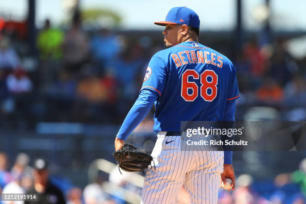 Dellin Betances of the New York Mets in action against the St. Louis Cardinals during a spring training baseball game at Clover Park at on March 11,...