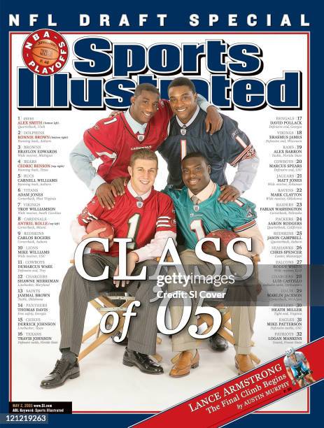 May 2, 2005 Sports Illustrated via Getty Images Cover: Football: NFL Draft: Portrait of San Francisco 49ers Alex Smith, Arizona Cardinals Antrel...