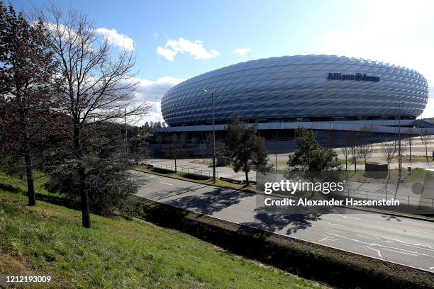 General view outside of the Allianz Arena on March 13, 2020 in Munich, Germany. The German football league DFL announced today that the upcoming...