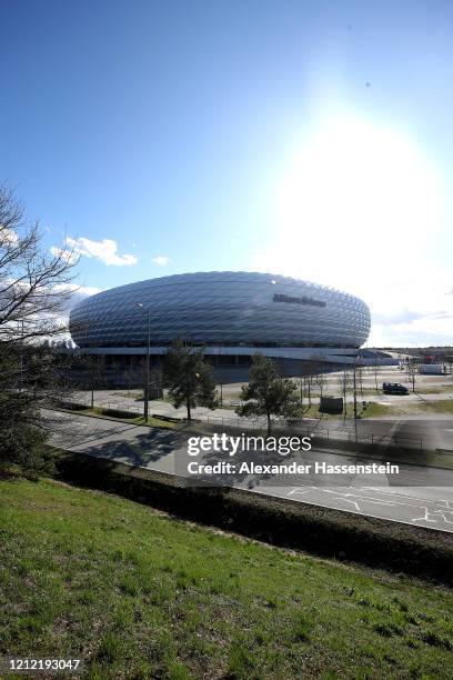 General view outside of the Allianz Arena on March 13, 2020 in Munich, Germany. The German football league DFL announced today that the upcoming...