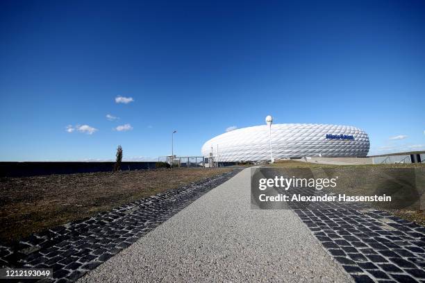 General view outside of the Allianz Arena on March 13, 2020 in Munich, Germany. The German football league DFL announced today that the upcoming...