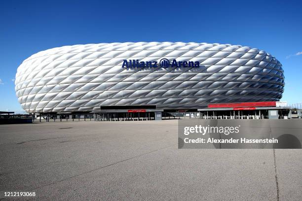 General view outside of the Allianz Arena on March 13, 2020 in Munich, Germany. The German football league DFL announced today that the upcoming...