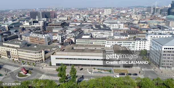 This aerial image shows the skyline of the city of Brussels pictured during a ceremony to commemorate the 75th anniversary of the end of World War II...