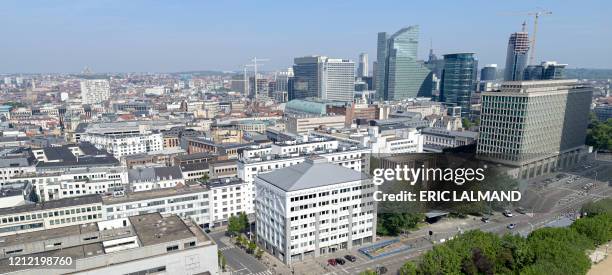 This aerial image shows the skyline of the city of Brussels pictured during a ceremony to commemorate the 75th anniversary of the end of World War II...