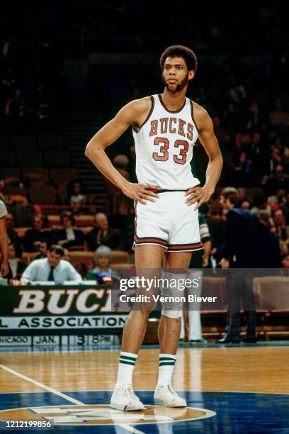 Kareem Abdul-Jabbar of Milwaukee Bucks looks on during a game circa 1971 at the MECCA Arena in Milwaukee, Wisconsin. NOTE TO USER: User expressly...