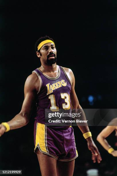 Wilt Chamberlain of Los Angeles Lakers looks on against the Milwaukee Bucks during a game circa 1971 at the MECCA Arena in Milwaukee, Wisconsin. NOTE...