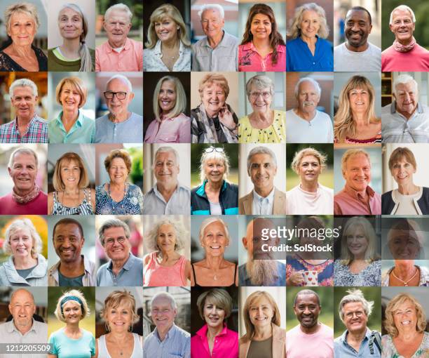 happy senior's collage - happy old people stockfoto's en -beelden