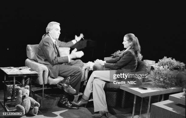 Pictured: Host Tom Snyder, actress Veronica Hamel --