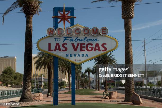 The "Welcome to Las Vegas" sign is seen on a quiet Las Vegas Strip amid the novel coronavirus pandemic on May 8, 2020 in Las Vegas, Nevada. - In the...