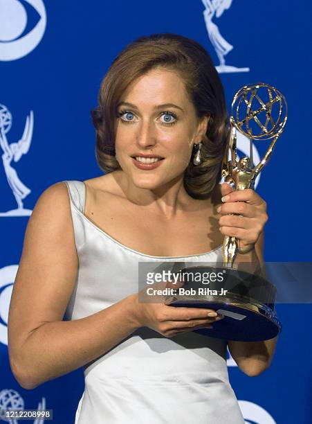 Gillian Anderson with her Emmy Award for Outstanding Lead Actress in a Drama Series , September 8,1996 in Pasadena, California.