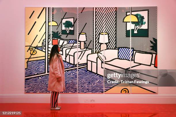 Roy Lichtenstein's ‘Wallpaper with Blue Floor Interior’ goes on view at Sotheby's on March 14, 2020 in London, England. The sale of the painting will...